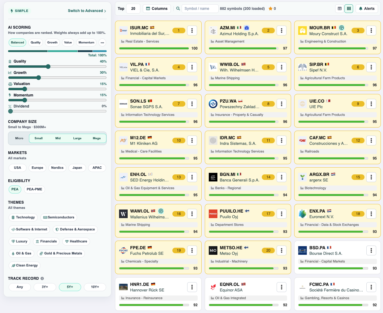 Screener sidebar with quality, growth, valuation and momentum weights